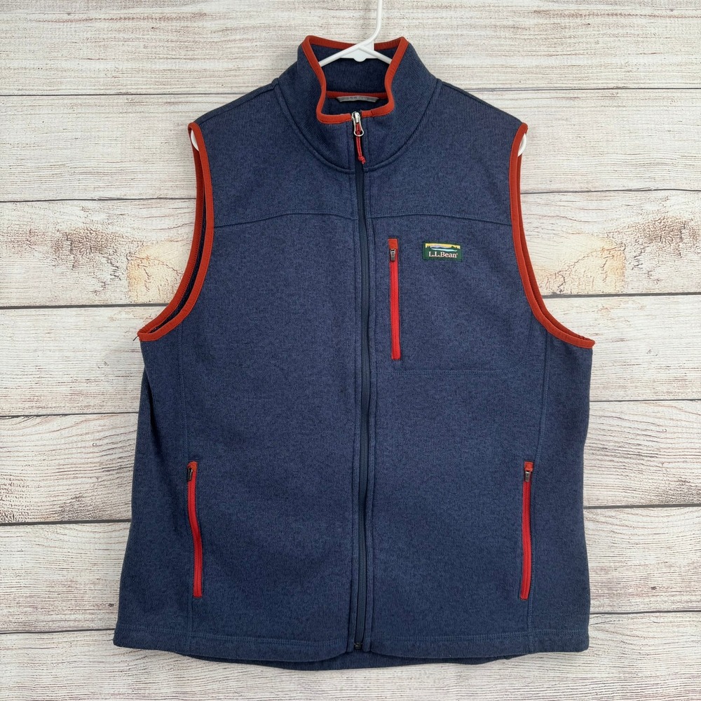 L.L. Bean Sweater Fleece Vest Mens Large Blue Red Full Zip 505974